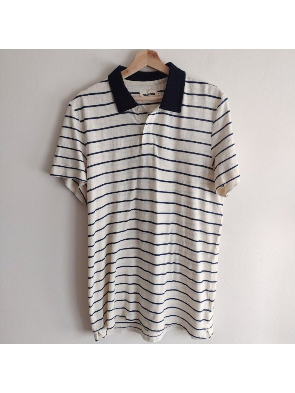 Taylor Stitch Striped Polo 42 L Cream Navy Organic Cotton Preppy Knit Shirt